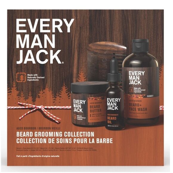 Every Man Jack Men's Aged Bourbon Beard Kit Holiday Gift Set, Face Wash, Beard B - Picture 9 of 12